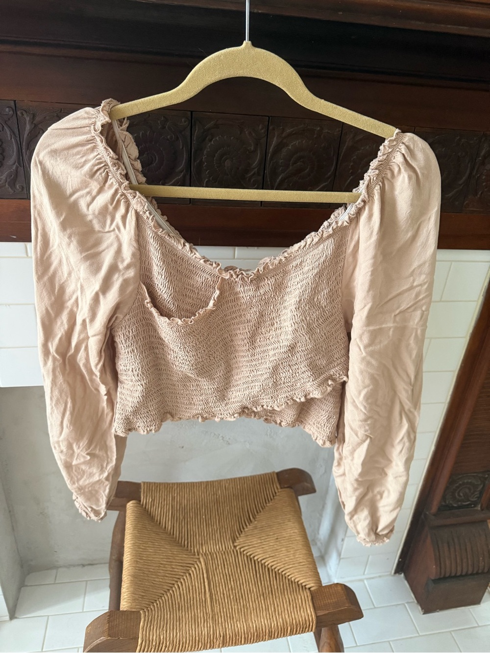 Smocked Long-Sleeve Cropped Top
